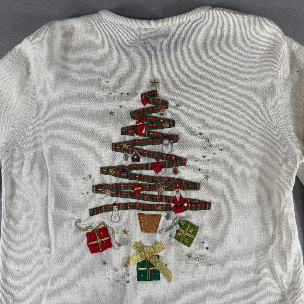 Studio Joy Christmas Tree & Gifts Ugly Sweater Cardigan Women's‎ L Cream
